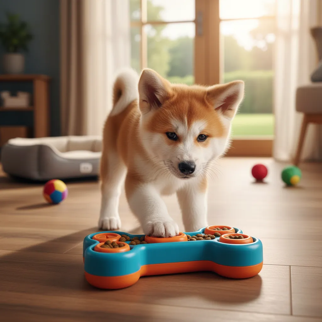 Щенок акиты играет с обучающей игрушкой