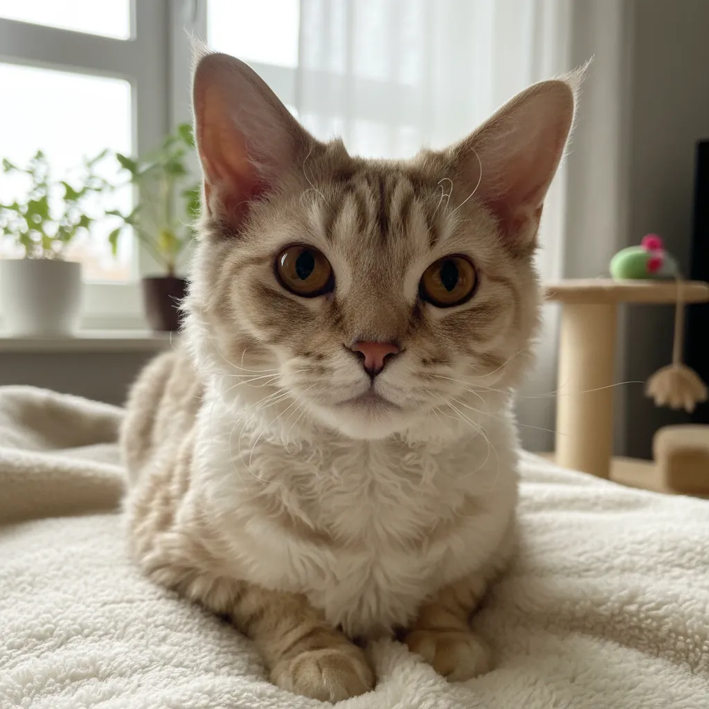 Кошка породы селкирк-рекс, похожая на чешского рекса
