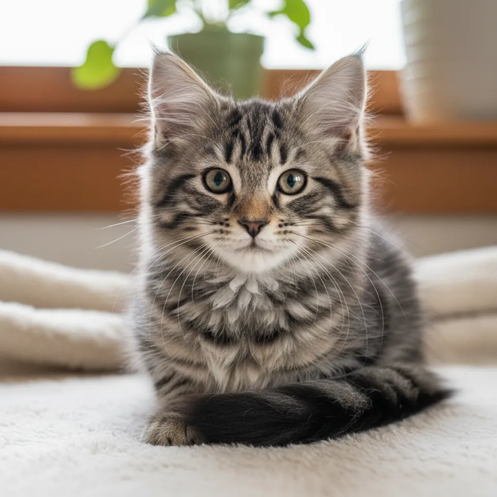 Котенок норвежской лесной кошки смотрит в камеру