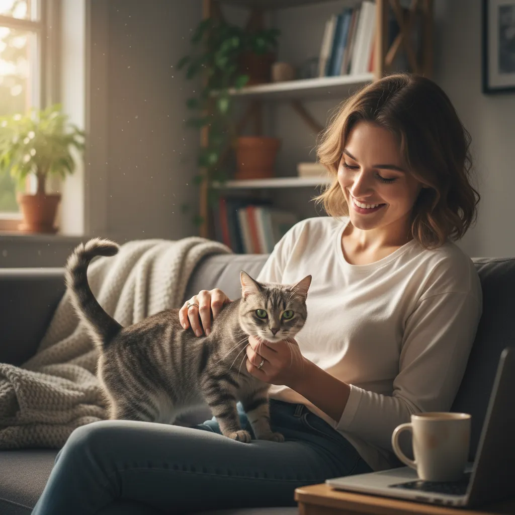 Счастливый владелец гладит свою европейскую короткошерстную кошку 