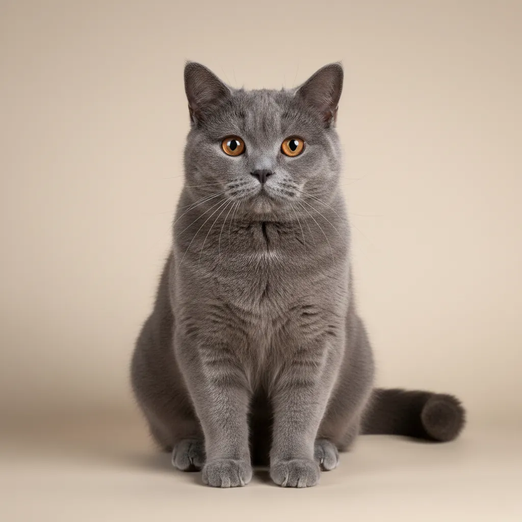Классический голубой британский короткошерстный кот с медными глазами сидит на нейтральном фоне 