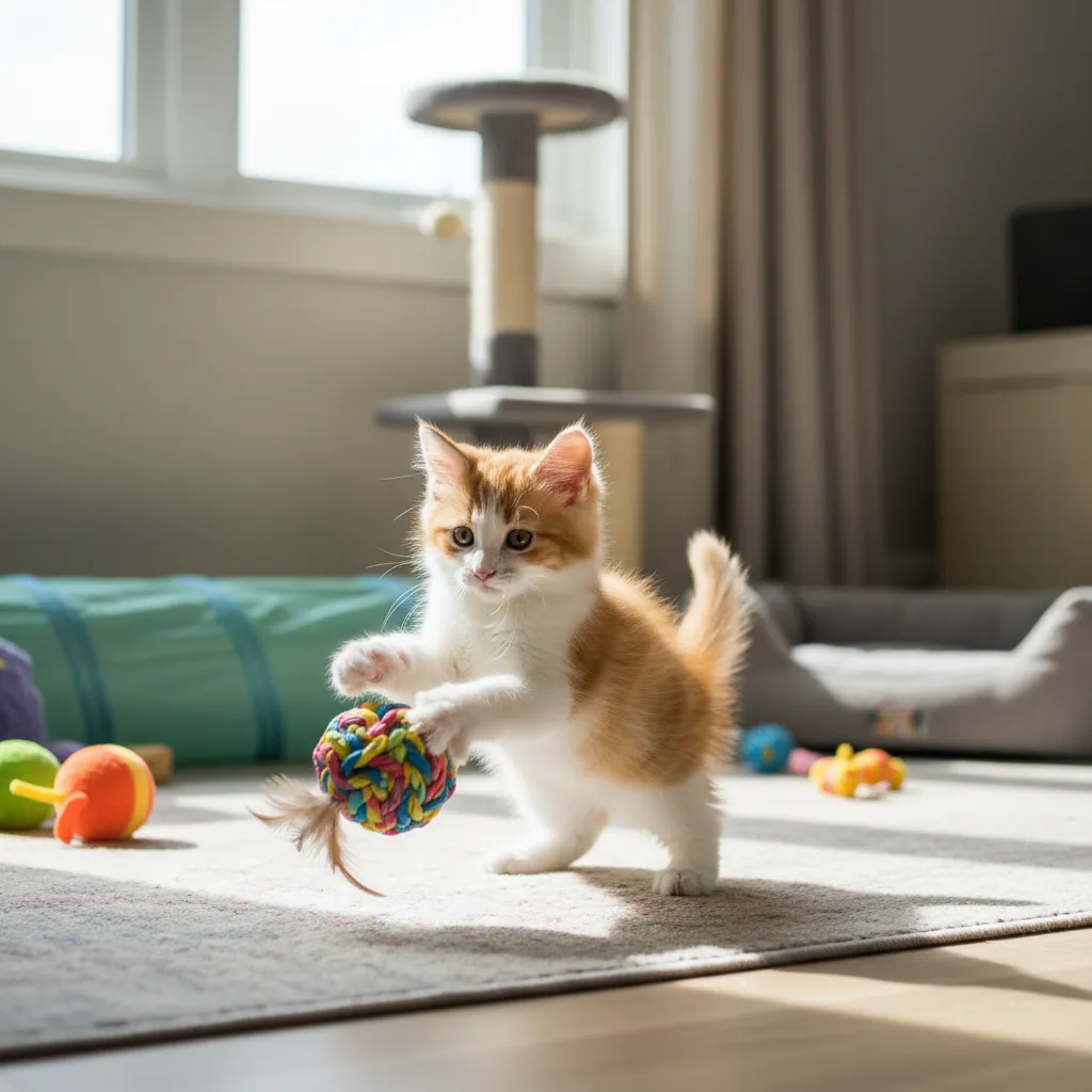 Котенок кимрик играет с игрушкой