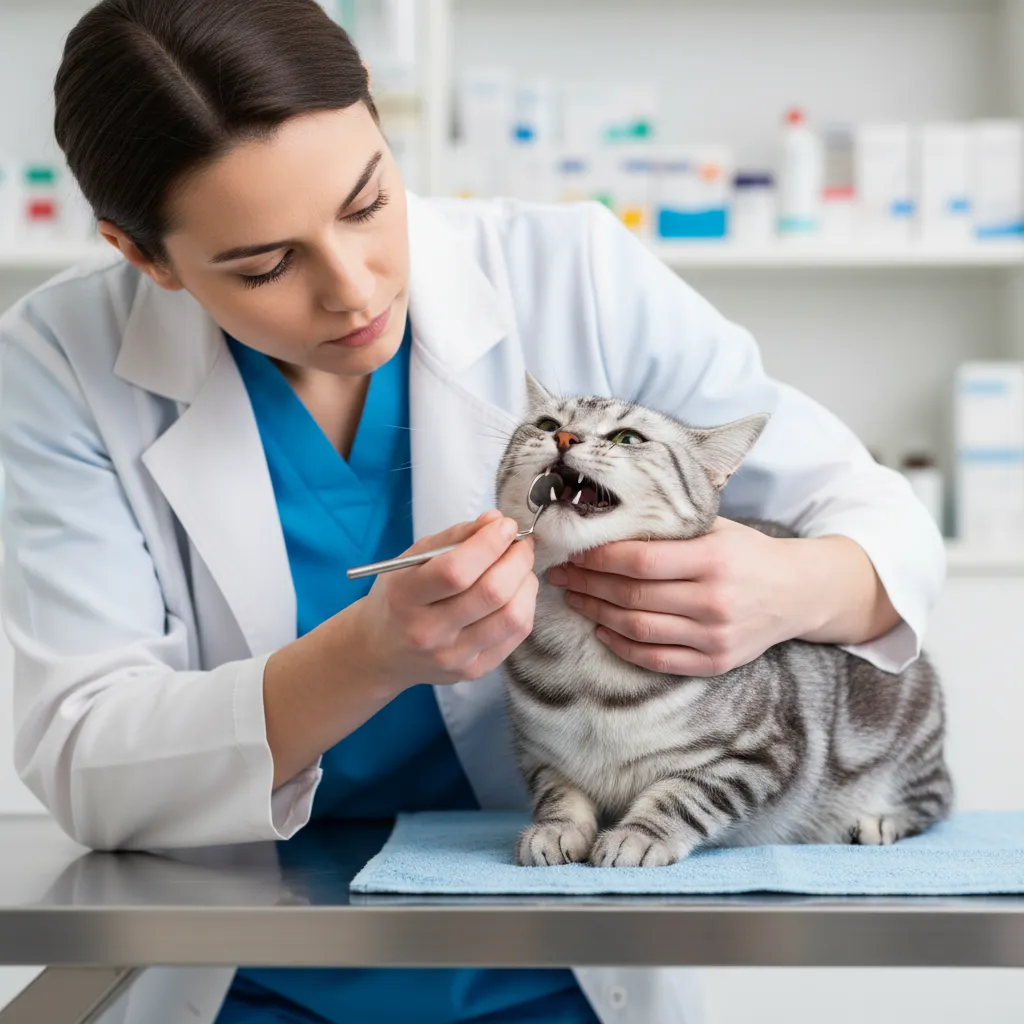 Ветеринар осматривает зубы американской короткошёрстной кошки