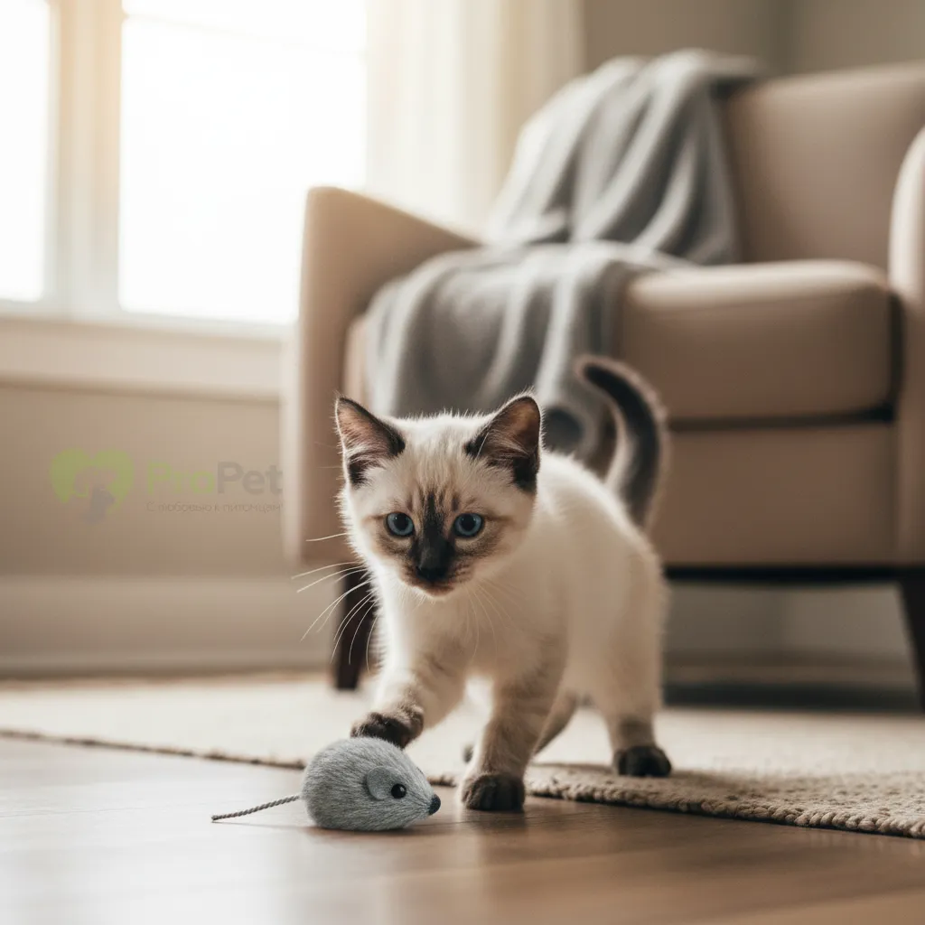 Сиамский котенок играет с игрушкой-мышкой