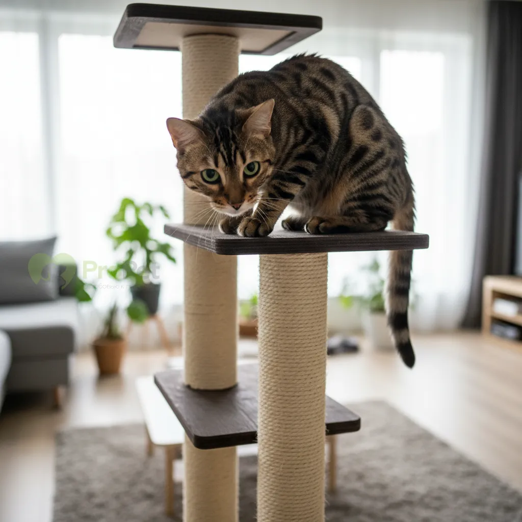 Кошка тойгер на высокой когтеточке смотрит вниз