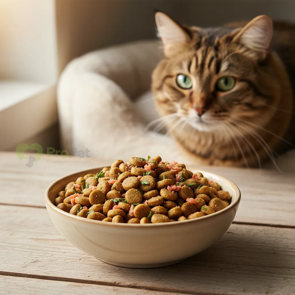 Миска с высококачественным сухим кормом для кошек, на фоне уссурийская кошка