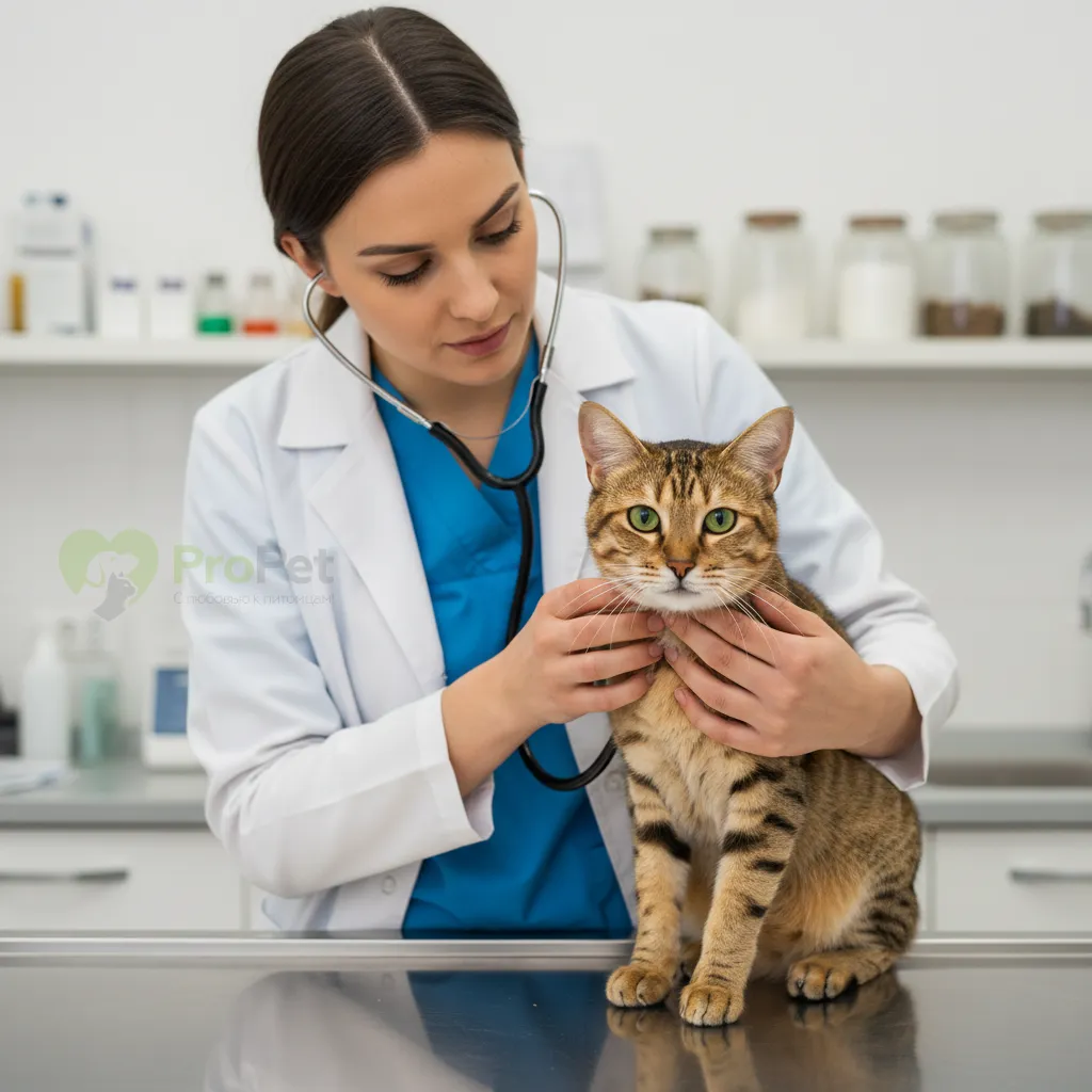Ветеринарный врач слушает цейлонскую кошку стетоскопом