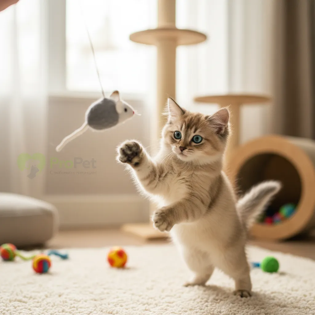 Котёнок длинношёрстного тонкинеза играет с игрушкой-мышкой