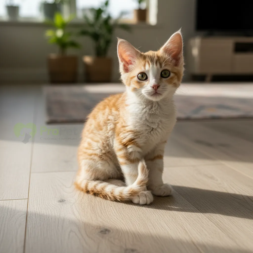 Котенок Лаперма с редкой кудрявой шерстью сидит на деревянном полу