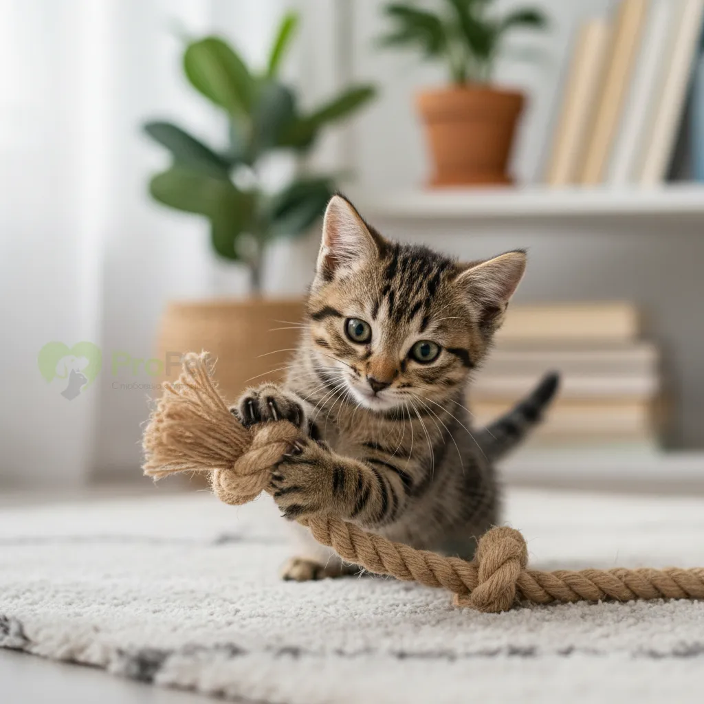 Маленький полосатый котенок играет с веревочкой