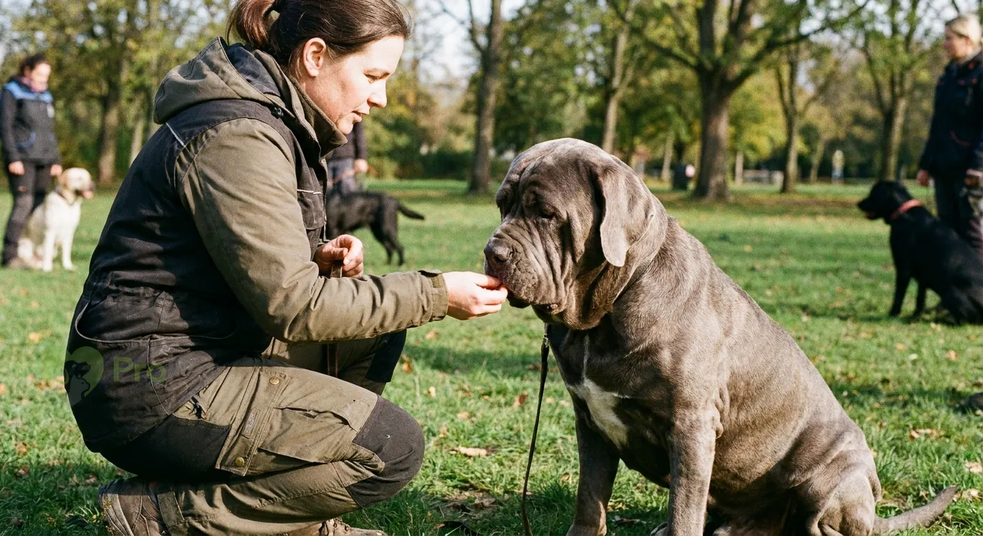 Человек дает лакомство неаполитанскому мастифу во время тренировки