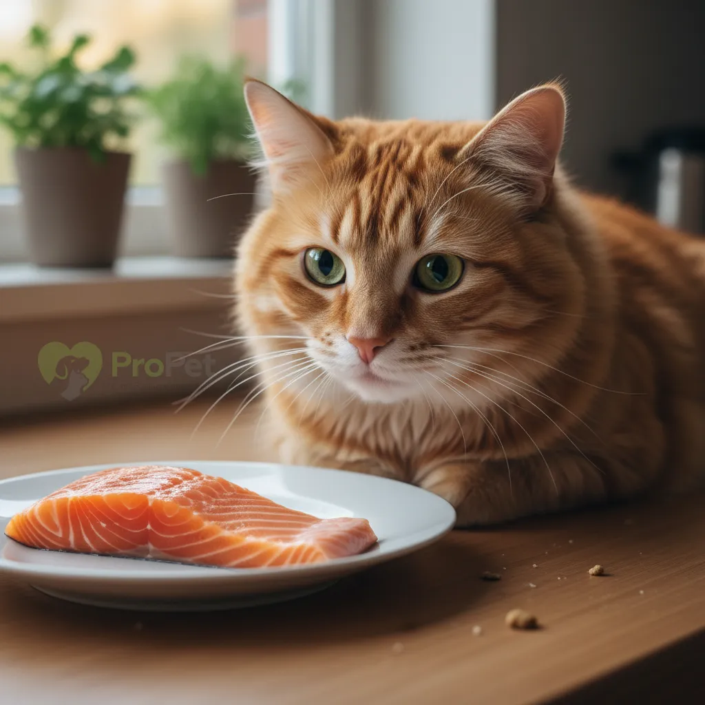 Кошка с любопытством смотрит на кусочек филе лосося