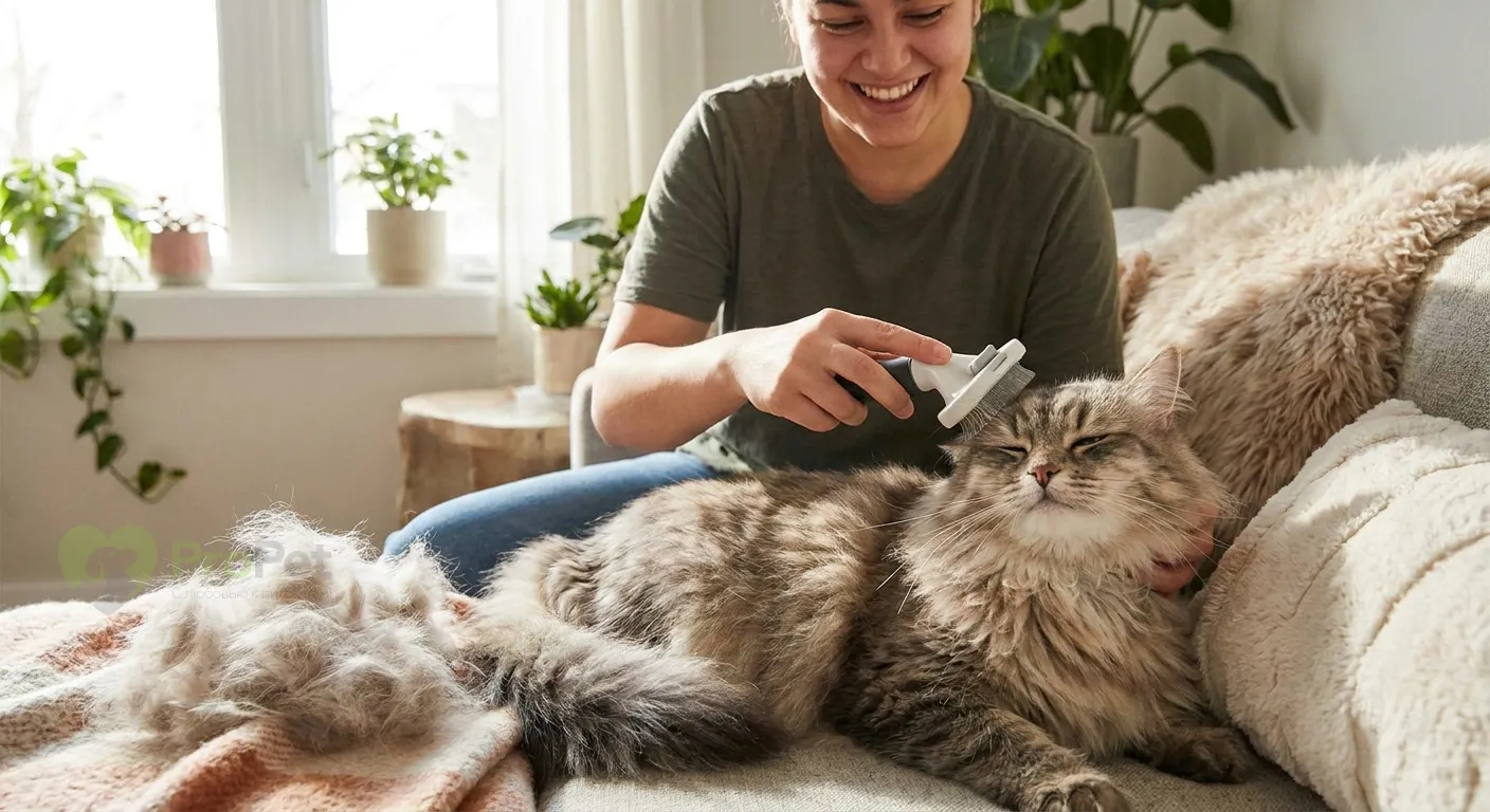 Владелец расчесывает длинношерстную кошку специальной щеткой