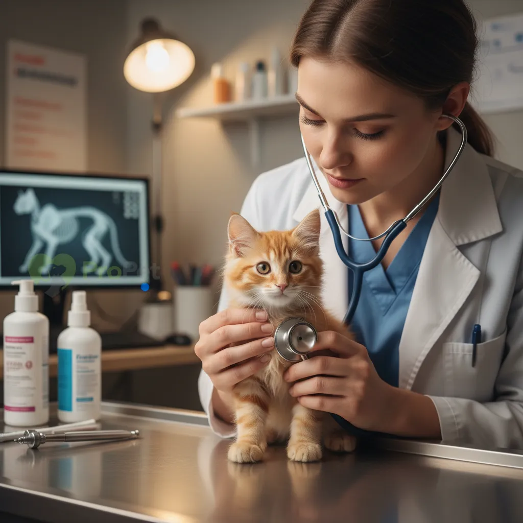 Ветеринар осматривает котенка стетоскопом