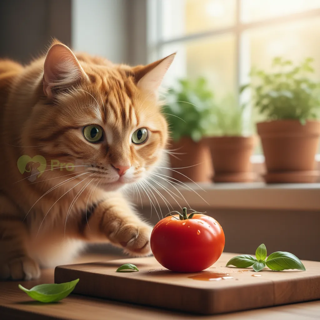 Кошка с любопытством смотрит на красный помидор
