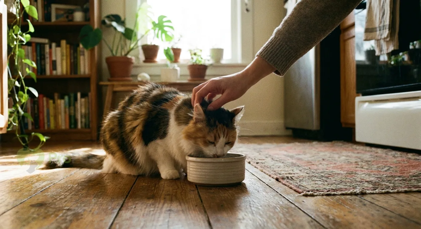 Владелец гладит кошку, которая ест из своей миски