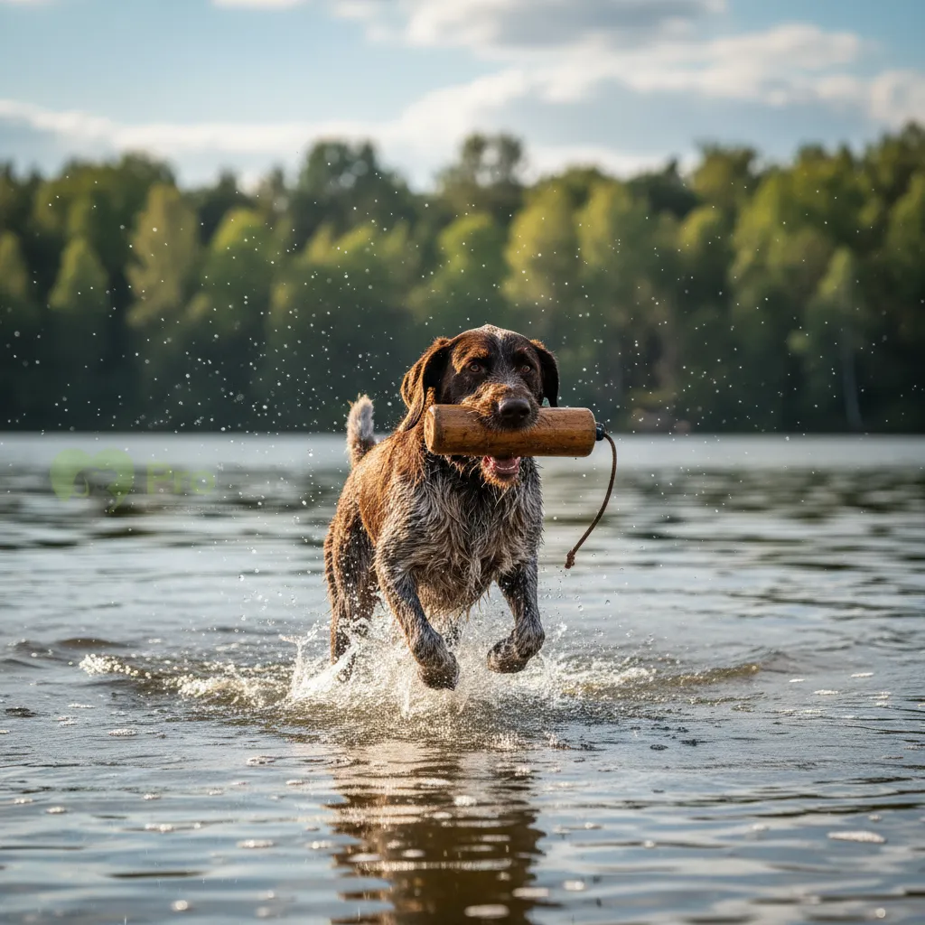 Дратхаар работает на воде достает апорт