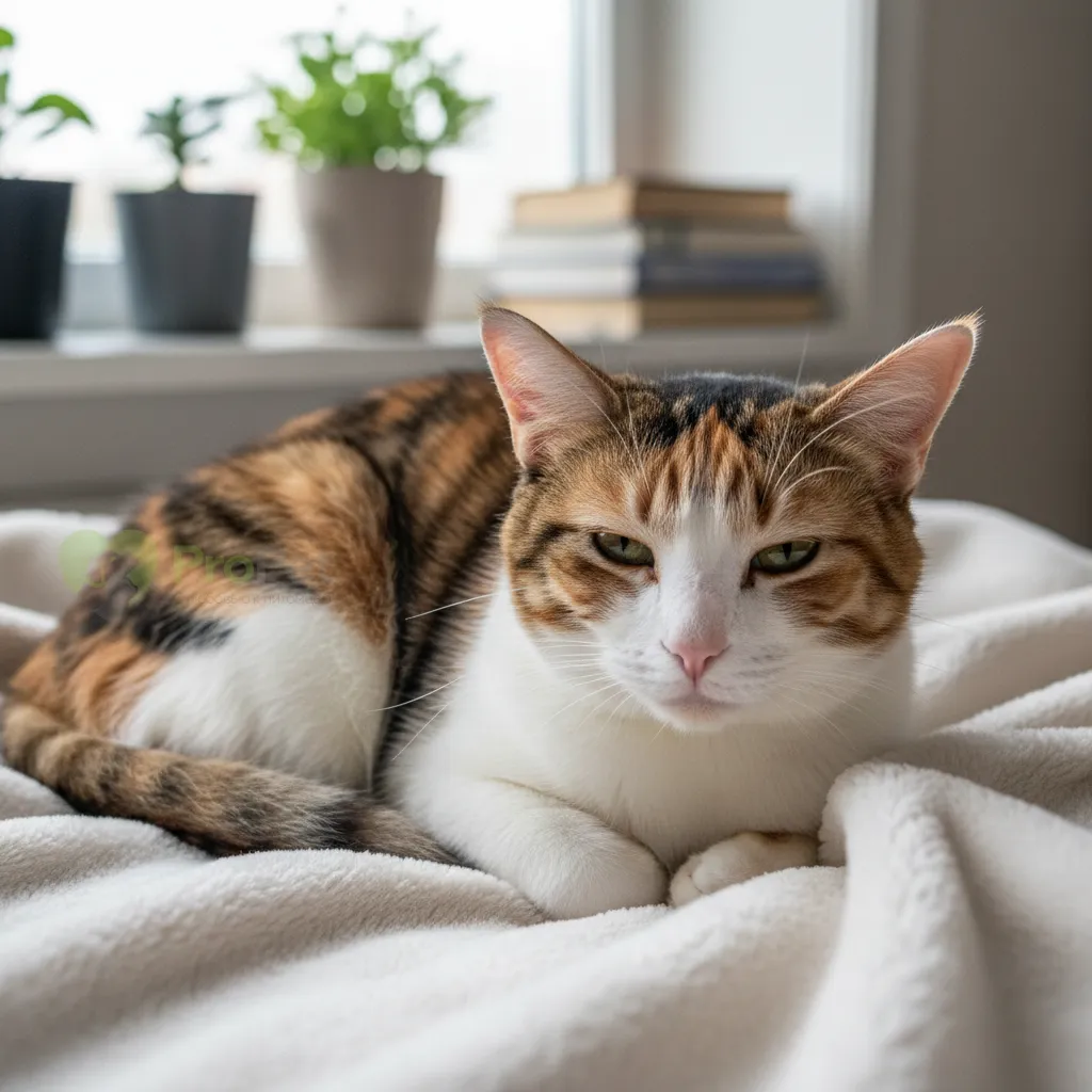 Кошка лежит, выглядит вялой