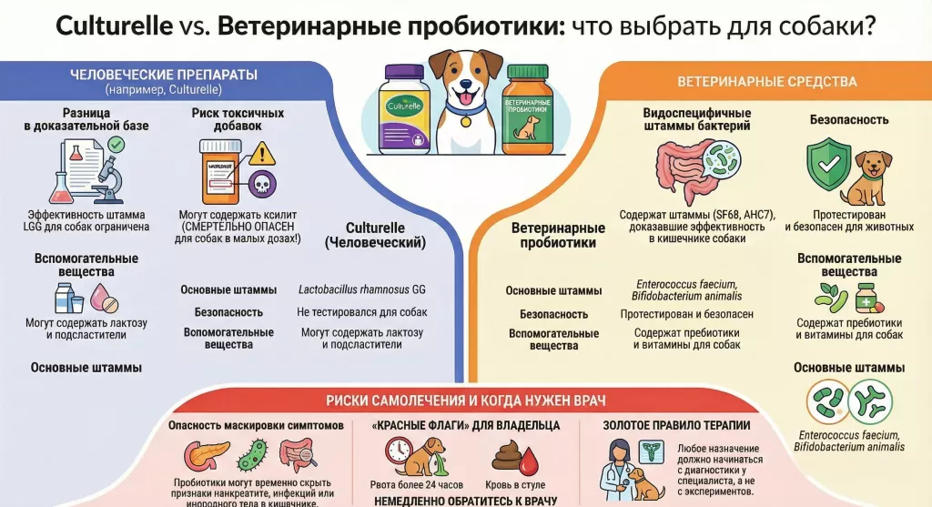 Сравнительный обзор пробиотиков Culturelle и специализированных ветеринарных добавок для восстановления микрофлоры.