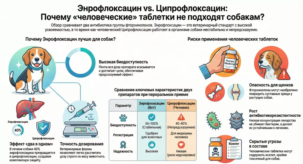 Сравнительный обзор Ципрофлоксацина и Энрофлоксацина: биодоступность и эффективность фторхинолонов у животных.