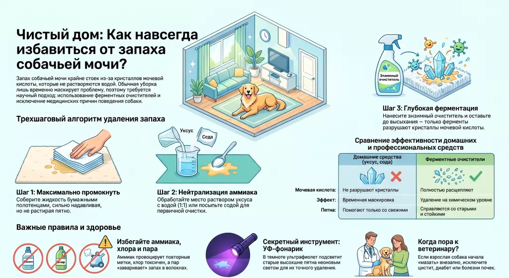 Пошагово о том как избавиться от запаха собачьей мочи